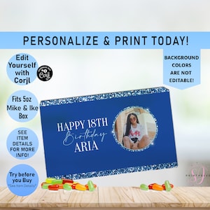 Mike and Ike Candy Box Wrapper Label, Royal Blue on Blue Glitter ANY AGE Birthday Mike and Ike Candy Box wrapper, Movie Box Label, Teen, B34