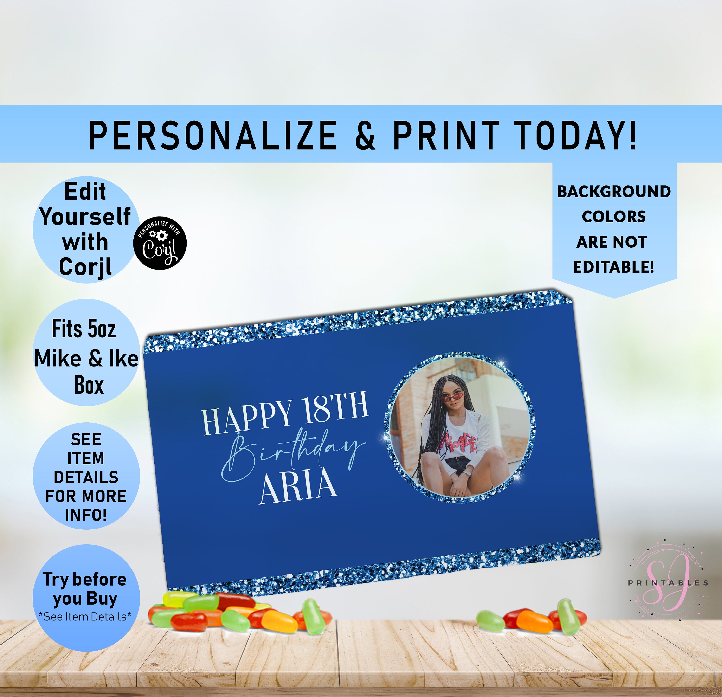 Mike and Ike Candy Box Wrapper Label, Royal Blue on Blue Glitter ANY AGE Birthday Mike and Ike Candy Box wrapper, Movie Box Label, Teen, B34
