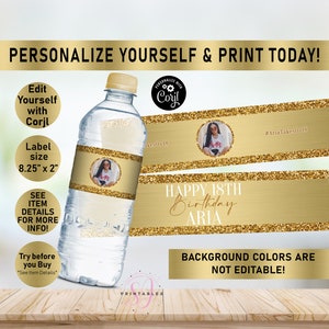 Gold on Gold Glitter ANY AGE Birthday EDITABLE water bottle labels, Water Wrapper, Adult, Woman, Sparkle, Glam, Teen, Printable, Gold, B37