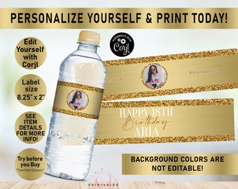 Gold on Gold Glitter ANY AGE Birthday EDITABLE water bottle labels, Water Wrapper, Adult, Woman, Sparkle, Glam, Teen, Printable, Gold, B37