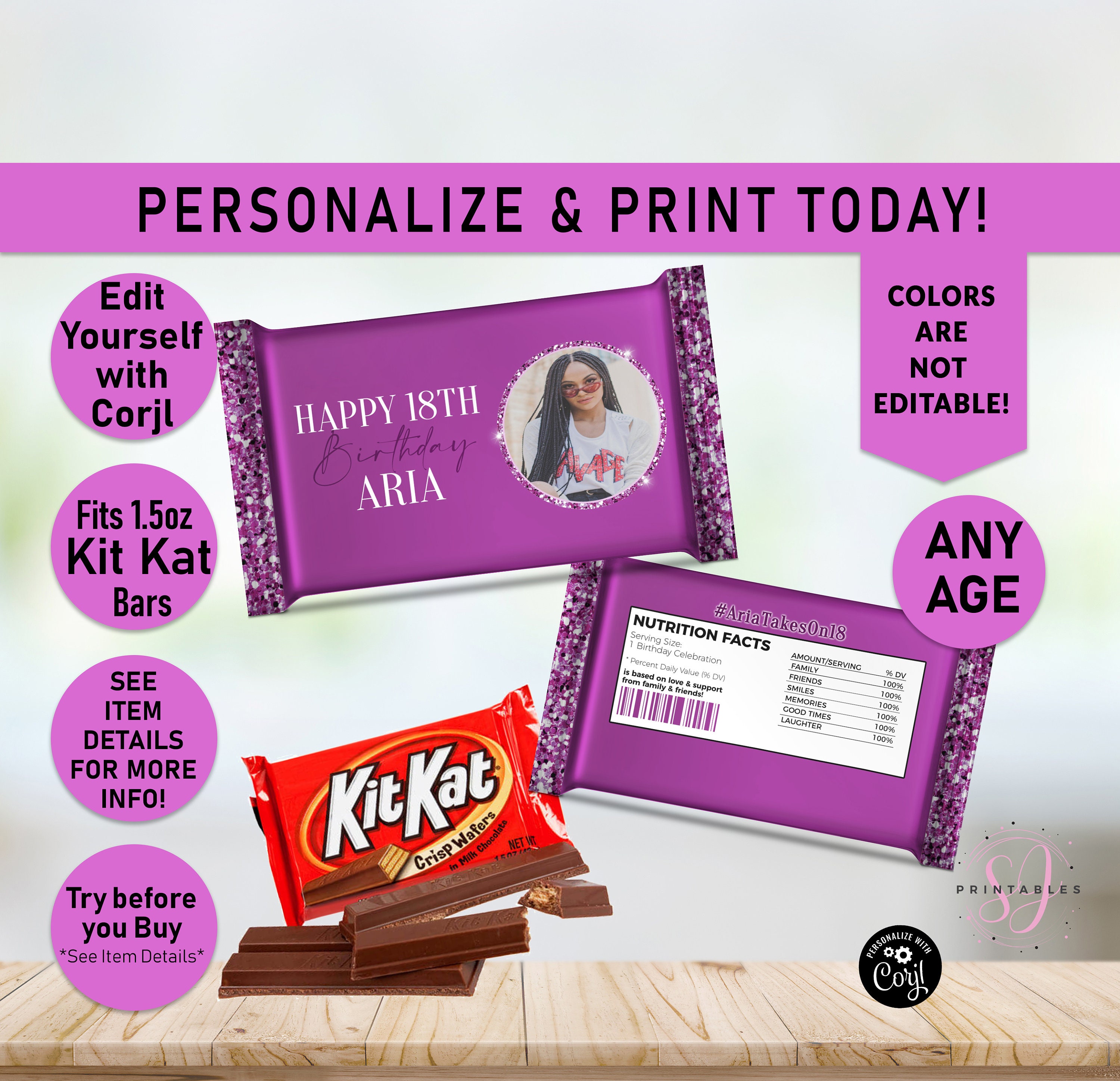 Kit Kat Candy Bar Wrappers Purple on Purple Glitter ANY AGE Etsy