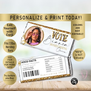 Könnte beinhalten: Ein weißer Schokoladenriegel-Wrapper mit goldenem Glitzer und einem Foto einer jungen Frau. Der Wrapper lautet "Vote Bianca Homecoming Queen" und hat eine Nährwerttabelle. Der Text "Farben sind nicht bearbeitbar" und "Vote ist nicht bearbeitbar" befindet sich ebenfalls auf dem Wrapper.