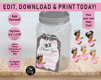May include: A silver glitter thank you tag with a pink and silver crown, a black girl with a pink tutu and a crown, and the text "Thank You for Celebrating with Me! Ashley's Baby Shower March 23, 2019".
