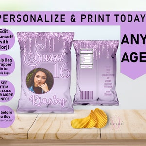 ANY AGE Lavender Drip Glitter Birthday Chip Bag Wrapper, Favor Bags, dripping Birthday, Photo Chip Bag,Teen, Tween, Sweet 16, Printable, T16