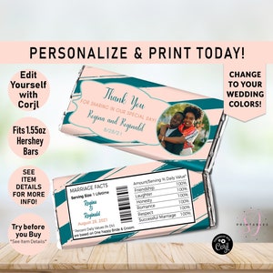 May include: Pink and teal personalized wedding favor chocolate bar wrapper with a photo of a couple and the text "Thank You for sharing in our special day! Regina and Reginald 8/28/21".