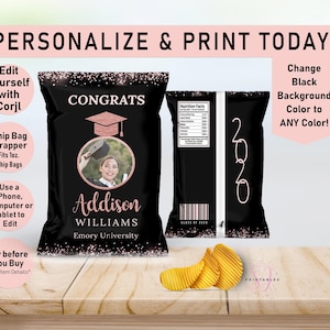 ROSE GOLD and Any Color Graduation EDITABLE Chip Bag,  Chip Bag, Chip Wrapper, Graduate Chip Wrapper, Rose Gold, Black, Printable, 2025, G65