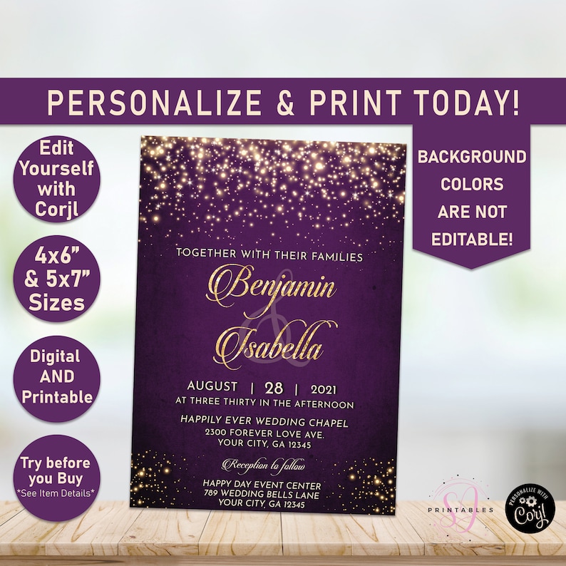 Elegant Gold and Purple Wedding Invitation Printable Wedding - Etsy