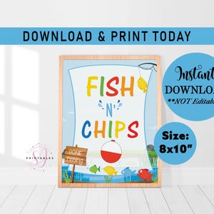 Ofishally Fish and chips Sign INSTANT DOWNLOAD, Fishing Table, Fishing Party Food sign, Fishing Party Decor, Reeling in the Big One, V01