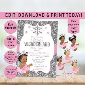 WINTER WONDERLAND Baby Shower Invite, Winter Invitation Shower, Snowflake Baby Shower, Princess, Silver, Pink, puffs, Girl, Printable Z02