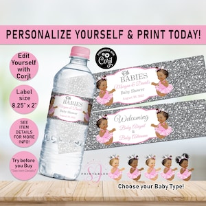 TWINS Silver Glitter Oh Babies Water labels, Princesses water bottle label, Girls, Pink, Twin, Baby Shower, Decorations, water, Decor, A03