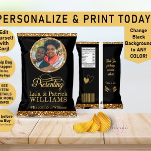 Wedding Day Chip Bag, Gold Glitter and ANY COLOR Background Wedding Favor Bag, Reception, Printable, Editable Chip Bag, Chip Wrapper, WW15