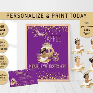 Royal Little Princess Baby Shower DIAPER RAFFLE Sign and Ticket, Purple Gold Diaper Raffle, Princess, games, Baby, Carriage, Insert Card,C05
