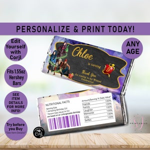 ANY AGE Descendants Birthday Hershey Candy Bar Wrappers, Candy Bar label, Descendants Party, tween, teen, teen party, favors, purple, D01
