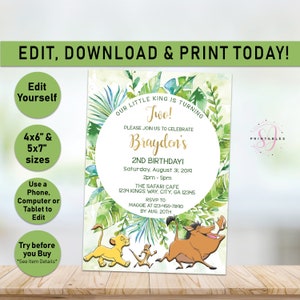 Simba Birthday Invitation, Lion King Birthday, Printable, Lion Birthday, Little King, Boy, The Lion King, Editable, Little King Invite L03