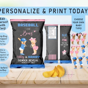 Baseball or Bows Gender Reveal Chip Bag,Gender Reveal Chip Bag Favor, Baseball Chip Bag Wrapper, pink or blue, he or she, girl boy,R10