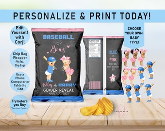 Baseball or Bows Gender Reveal Chip Bag,Gender Reveal Chip Bag Favor, Baseball Chip Bag Wrapper, pink or blue, he or she, girl boy,R10
