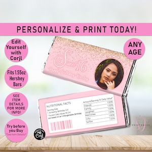Pink & Gold Glitter Sweet 16 Hershey Bar Wrapper (Digital Download) T21