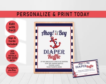 Könnte beinhalten: Ein blaues und weiß gestreiftes Schild mit einem roten Anker und dem Text "Ahoy! It's a Boy Diaper Raffle". Das Schild enthält auch den Text "Wenn Sie eine Packung Windeln für die Windeltombola mitgebracht haben, hinterlassen Sie bitte Ihre Tickets hier!"