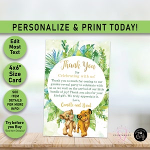Simba and Nala Gender Reveal  THANK YOU card, editable template, Gender Reveal thank you, Thank You, Lion King, He or She, Printable, L04