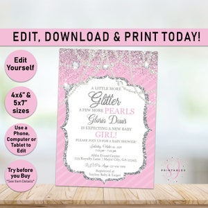 Glitter and Pearls Baby Shower Invitation, Glitter and Pearls Baby Shower invite, Princess Baby Shower, Pink, Girl, Silver, printable, A10