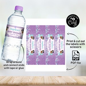 May include: Printable water bottle labels with a mermaid theme. The labels feature a purple background with glitter, a turquoise seahorse, and the text "Angelina's Baby Shower" with the date August 31, 2021.