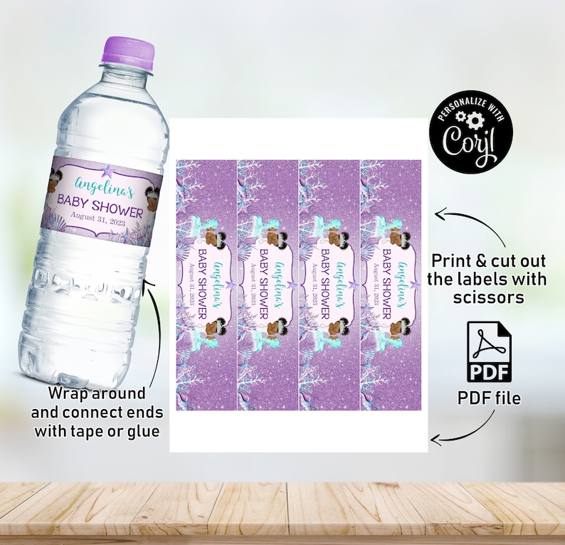 May include: Printable water bottle labels with a mermaid theme. The labels feature a purple background with glitter, a turquoise seahorse, and the text "Angelina's Baby Shower" with the date August 31, 2021.