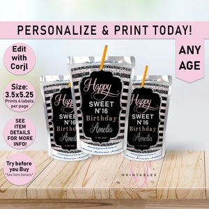 ANY AGE Designer Birthday Party Juice Pouch Labels, Juice Labels, Classy Fabulous Birthday, Sweet Sixteen, 16, Tween, Teen, adult, C20