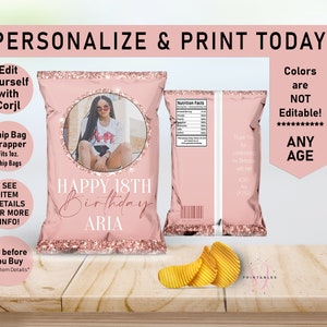 Rose Gold on Rose Gold Glitter ANY AGE Birthday EDITABLE Birthday Chip Bag Wrapper, Favor Bags, Photo Chip, Adult, Sparkle, Glam, Teen, B35