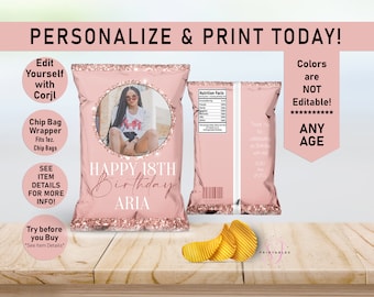 Rose Gold on Rose Gold Glitter ANY AGE Birthday EDITABLE Birthday Chip Bag Wrapper, Favor Bags, Photo Chip, Adult, Sparkle, Glam, Teen, B35