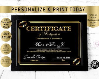 Gold Football Certificate, Football Award Certificate Template, Sports Participation Achievement Certificate, printable, Youth Football, C60