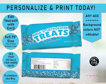 Pode incluir: Um modelo de saco de guloseimas imprimível azul e branco com o texto "Aria's 18th Bday Treats" e a hashtag "#AriaTakesOn18". O saco é projetado para caber uma guloseima Krispie de 0,78 onças. O modelo inclui uma seção de informações nutricionais com uma lista de itens como amigos, família, risos, memórias, presentes e selfies.
