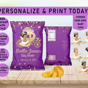 Royal Princess Baby Shower EDITABLE Chip Bag, Baby Shower, Purple and Gold, Carriage, Chip bag Wrapper, Girl, African American, C05