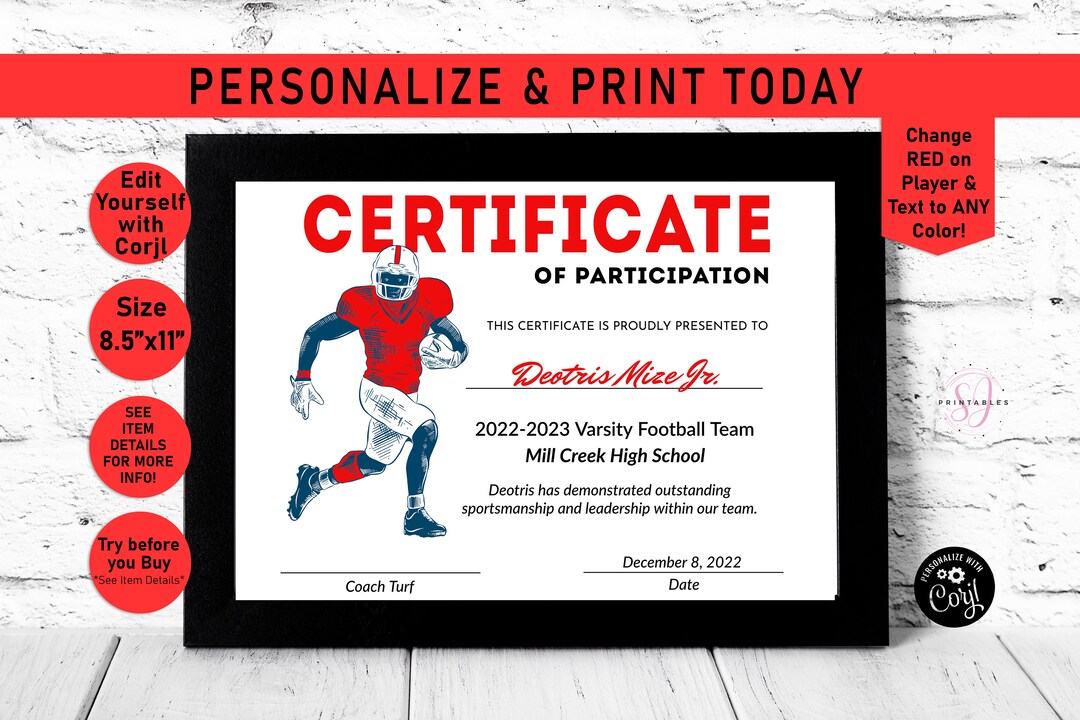 Editable Football Certificate, Football Player Certificate, Football
