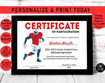 Editable Football Certificate, Football player certificate, Football Certificate Template, printable certificate, Youth Football, C60