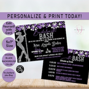 Può includere: Un invito per una festa di addio al nubilato nero e viola con dettagli glitterati. L'invito presenta una silhouette di una donna con un abito scintillante che tiene un palo. Il testo sull'invito recita "Bachelorette Bash" e include il nome della sposa, la data e l'ora dell'evento e la posizione. L'invito include anche un programma degli eventi per la festa.