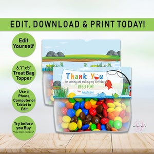 Fishing treat Bag Toppers, O-fish-ally One Treat Toppers, Favors, Editable, Fishing Birthday Party favor, The Big One, Class treat, V01
