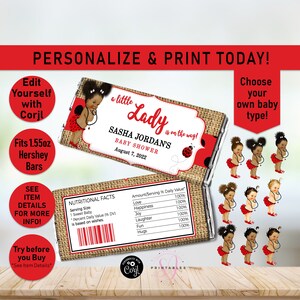 May include: A printable chocolate bar wrapper with a red and black ladybug design. The wrapper says "a little Lady is on the way!" and "Sasha Jordan's Baby Shower August 7, 2022".