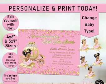 Little Princess Baby Shower Invitation Princess Invitation Blush, Light Pink and Gold Carriage African American Princess Royal Invite C06