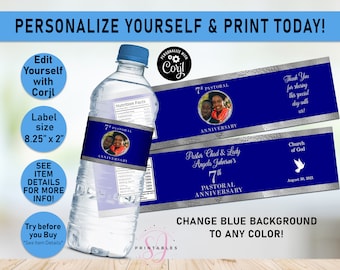 Pastoral Anniversary Silver and ANY COLOR EDITABLE water bottle labels, Water Wrapper, Pastor, First Lady, Church, Water Label Wrappers, CC3