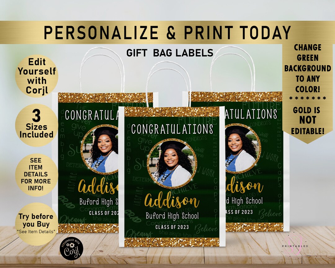 Graduation Gift Bag Labels, Gold Glitter and ANY Other Color Labels