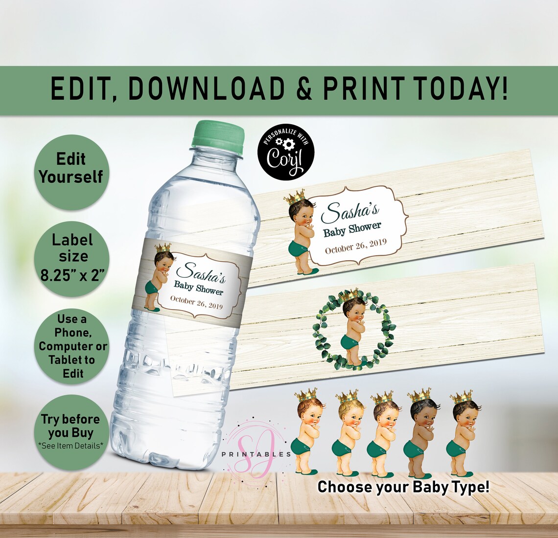 Greenery Rustic Royal Prince EDITABLE Baby Shower Water Bottle Etsy