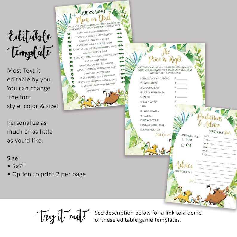 Lion King Baby Shower Games Printable Pack, Mini Suite, Simba Baby Shower Games Bundle, Lion King game set, Greenery Game Bundle, L01 image 3