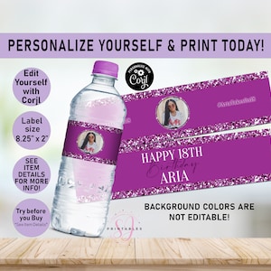 Purple on Purple Glitter ANY AGE Birthday EDITABLE water bottle labels, Water Wrapper, Adult, Woman, Sparkle, Glam, Teen, Printable, B31