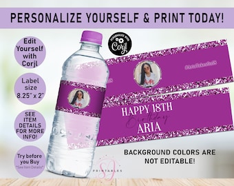 Purple on Purple Glitter ANY AGE Birthday EDITABLE water bottle labels, Water Wrapper, Adult, Woman, Sparkle, Glam, Teen, Printable, B31
