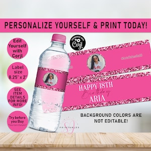 Pink on Pink Glitter ANY AGE Birthday EDITABLE water bottle labels, Water Wrapper, Adult, Woman, Sparkle, Glam, Teen, Labels, Printable, B30