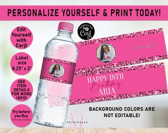 Pink on Pink Glitter ANY AGE Birthday EDITABLE water bottle labels, Water Wrapper, Adult, Woman, Sparkle, Glam, Teen, Labels, Printable, B30