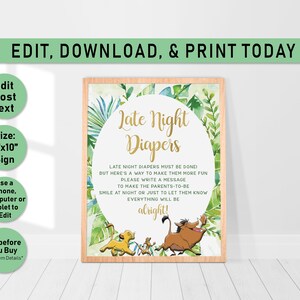 Lion King Baby Shower late night diapers game, Printable baby shower game, Baby Simba late night diapers, Lion King, baby shower game, L01