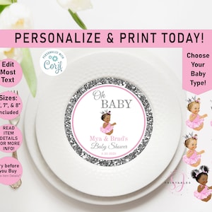 Oh Baby PINK and SILVER Princess Charger Plate Insert, EDITABLE Baby Shower Charger plate, 6", 7", 8" Insert, Girl baby shower, Puffs, A03