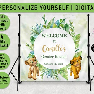Puede incluir: Un telón de fondo digital imprimible para una fiesta de revelación de género. El telón de fondo presenta una escena de jungla de acuarela con hojas verdes, un león y una leona, y un círculo con el texto "Bienvenido a Camille's Gender Reveal October 31, 2023".