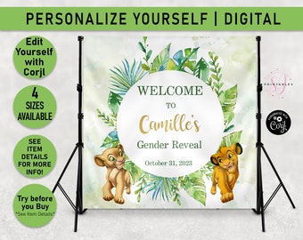 DIGITAL FILE  Backdrop, Lion King Gender Reveal Backdrop, Candy Table Banner, Simba, Nala, Gender Reveal, Lion King Banner, Green, Gold, L04